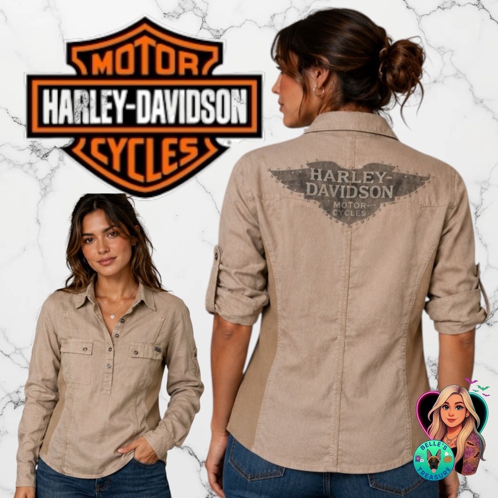Harley-Davidson Womens Small Tan Linen Blend Roll Tab Sleeve Henley Shirt Top‎